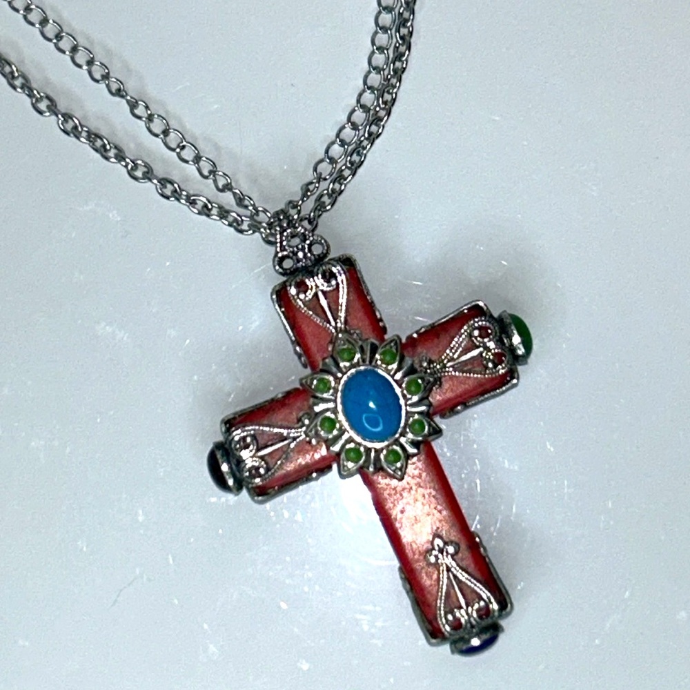 Sweet Romance Designer Gemstone Cross Double Chain Stainless Steel Necklace Boho